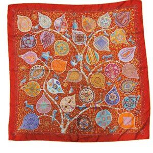 Hermes Paris L'Arbre De Vie 2011 Christine Henry Silk Scarf Red Tree and animals